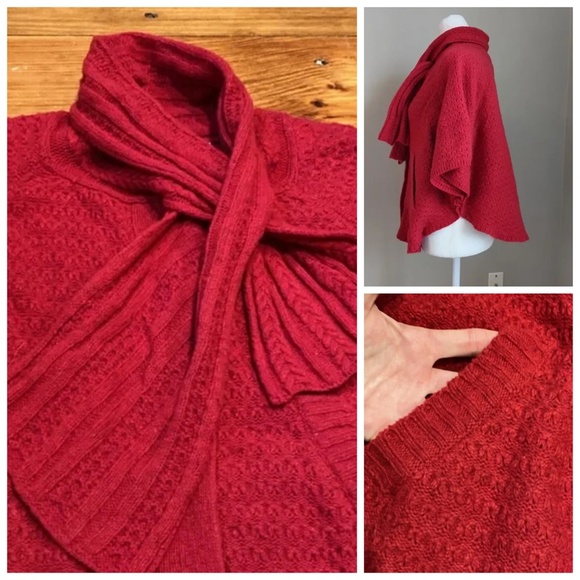 SPARROW S Red Cable Knit Wool Cape Sweater Knit Scarf Lagenlook Anthropologie - Picture 1 of 9